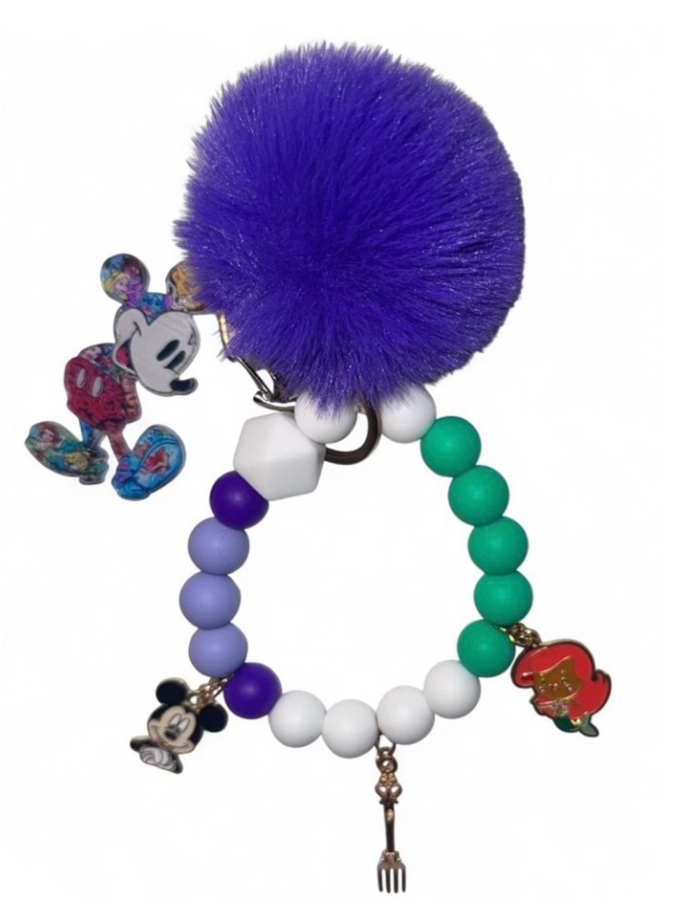 Disney Purple Pom Pom Beaded Keychain Bracelet with Charms